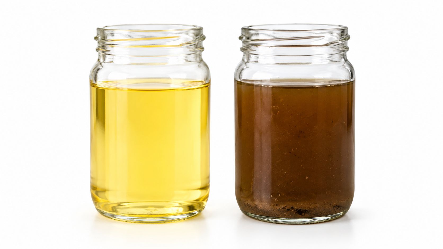 To glas med forskellig farvet bremsevæske, gul og brun.
