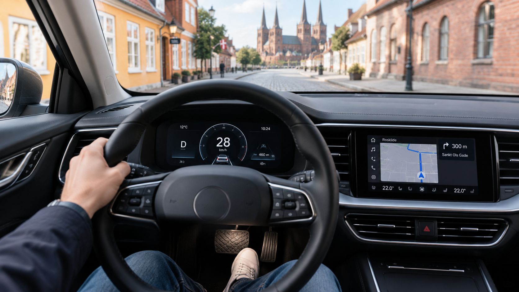 Indvendig bil med digitalt instrumentbræt og GPS-navigation.