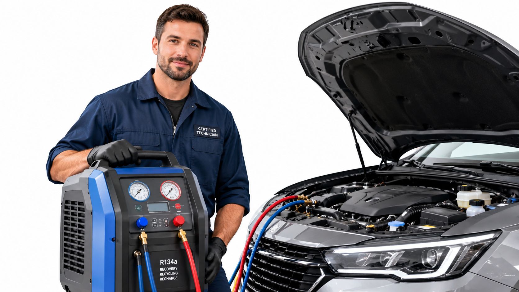 En certificeret bilmekaniker ved siden af en bil med åben motorhjelm og en A/C-service maskine.