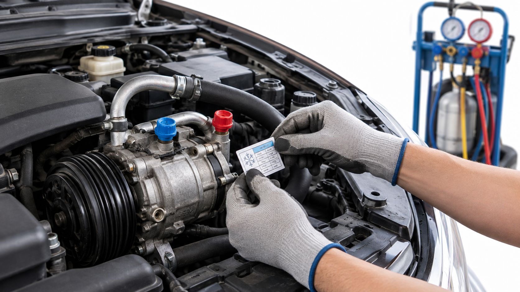 En mekaniker inspicerer aircondition-kompressoren i en bil motor for at udføre professionel service og vedligeholdelse.
