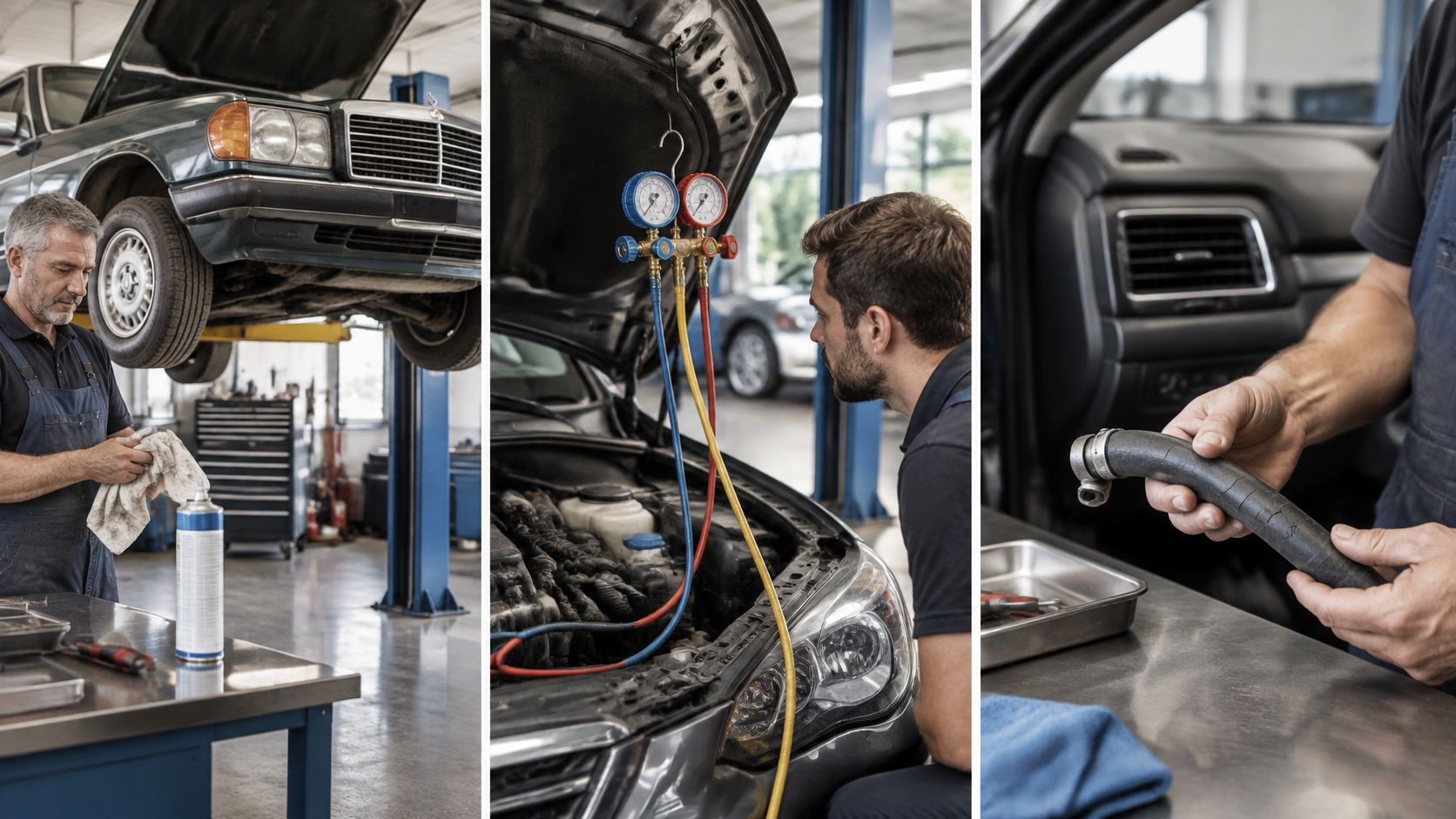 En mekaniker udfører professionelt service og vedligeholdelse på bilens airconditionanlæg på et moderne autoværksted.