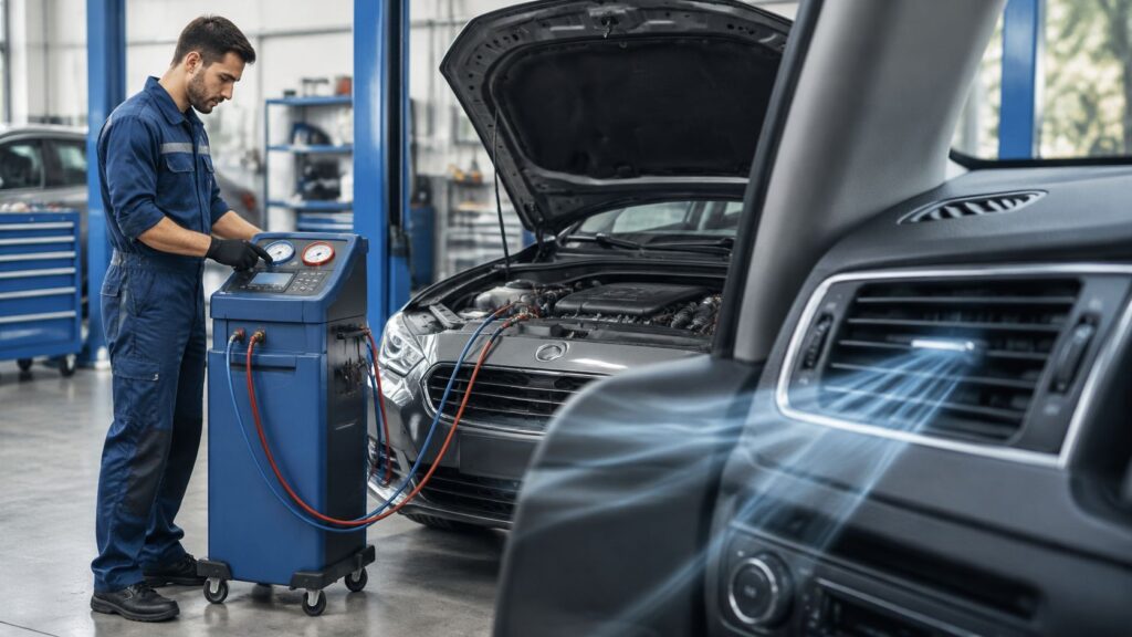 HD bilreparation serviceafdeling hos HR Autoteknik i værksted med mekaniker.