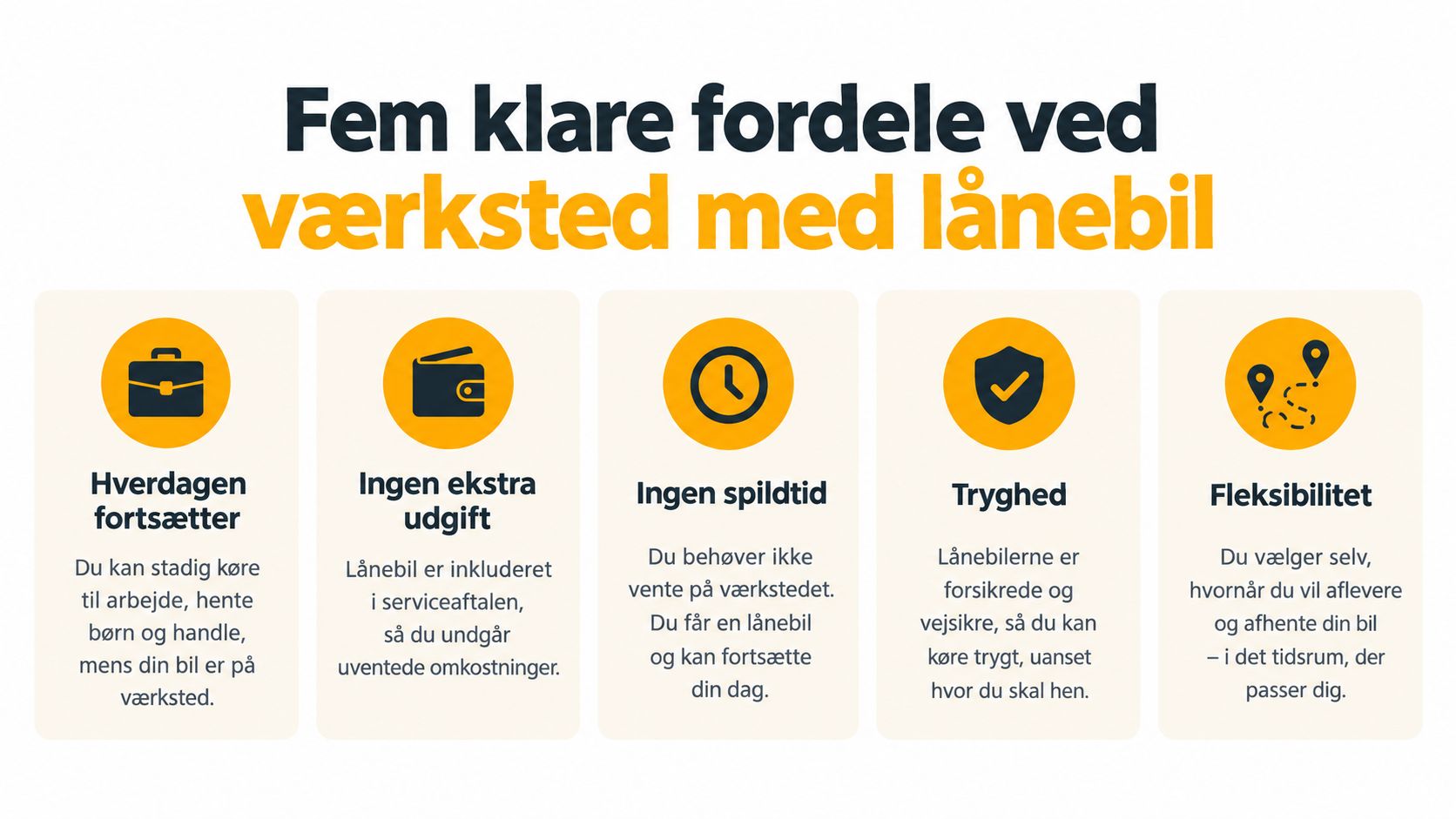 En infografik der viser de fem klare fordele ved at vælge et autoværksted, der tilbyder en lånebil.