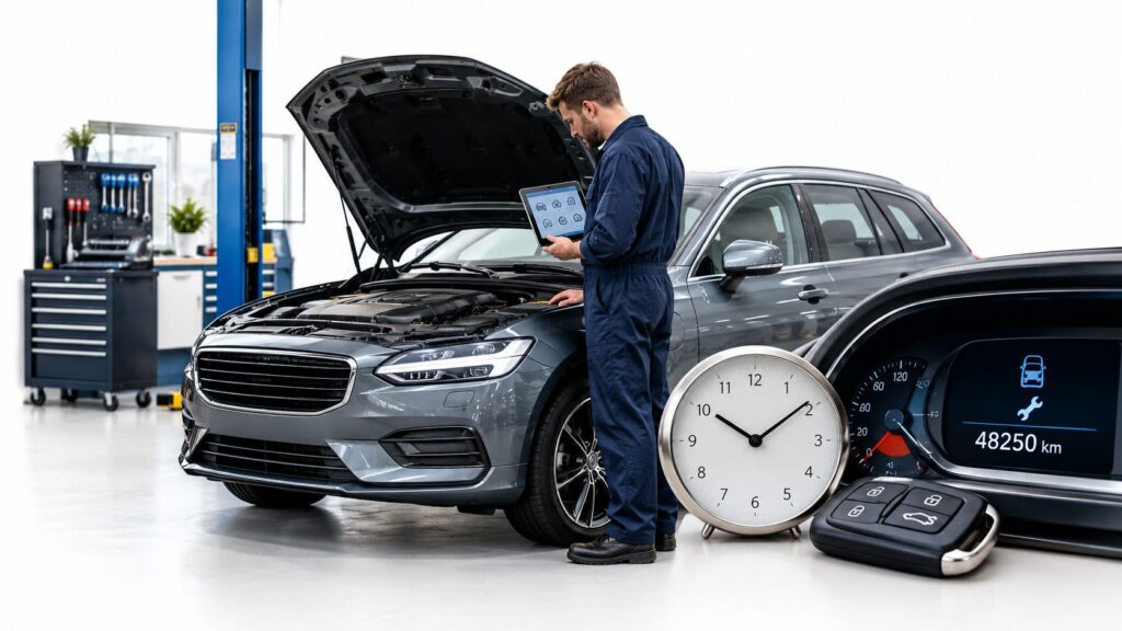 Tekniker arbejder på bil med åbent motorhjelm i værksted.