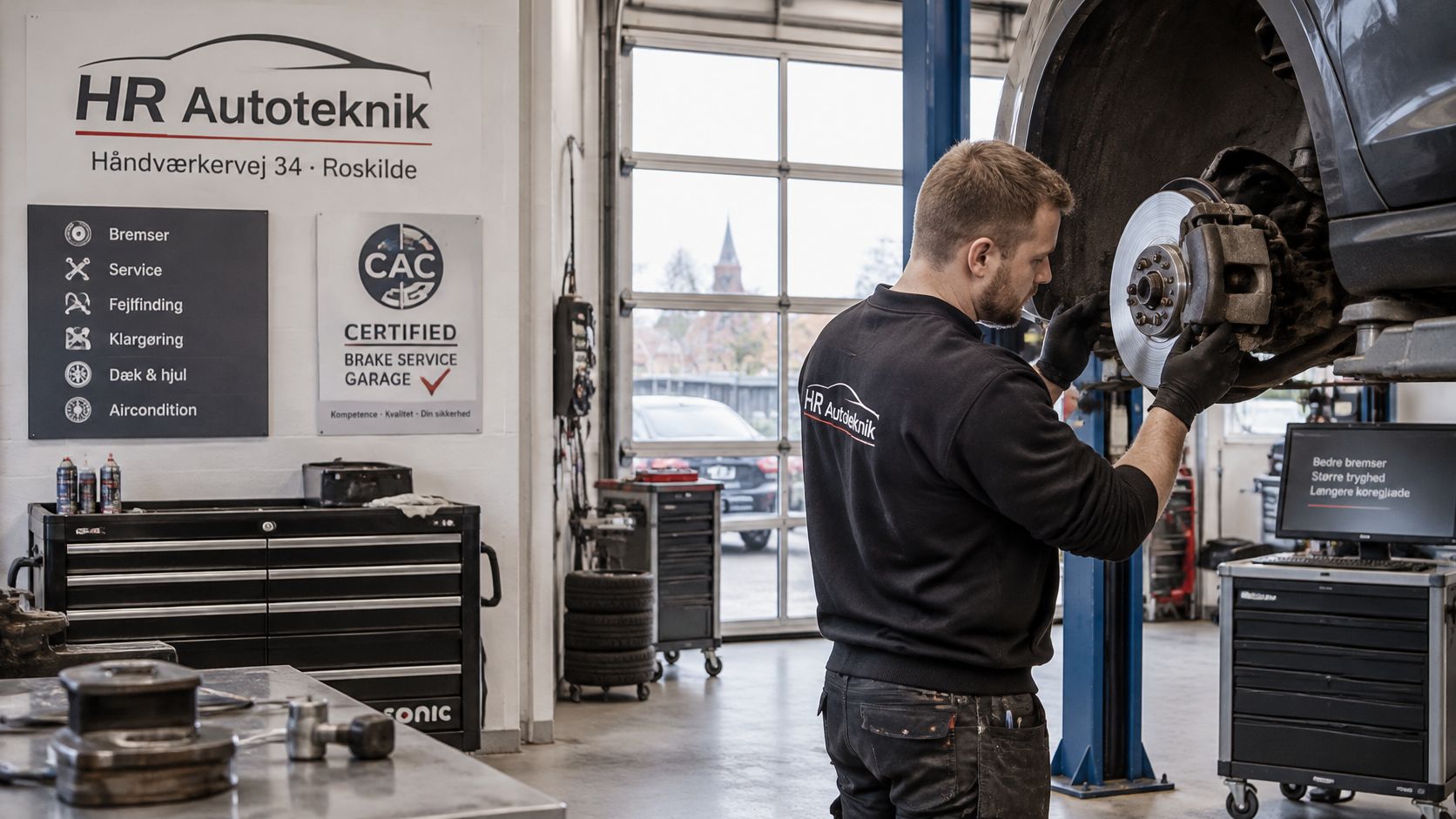 En bilmekaniker inspicerer bremseskiven på en løftet bil på et professionelt autoværksted hos HR Autoteknik.