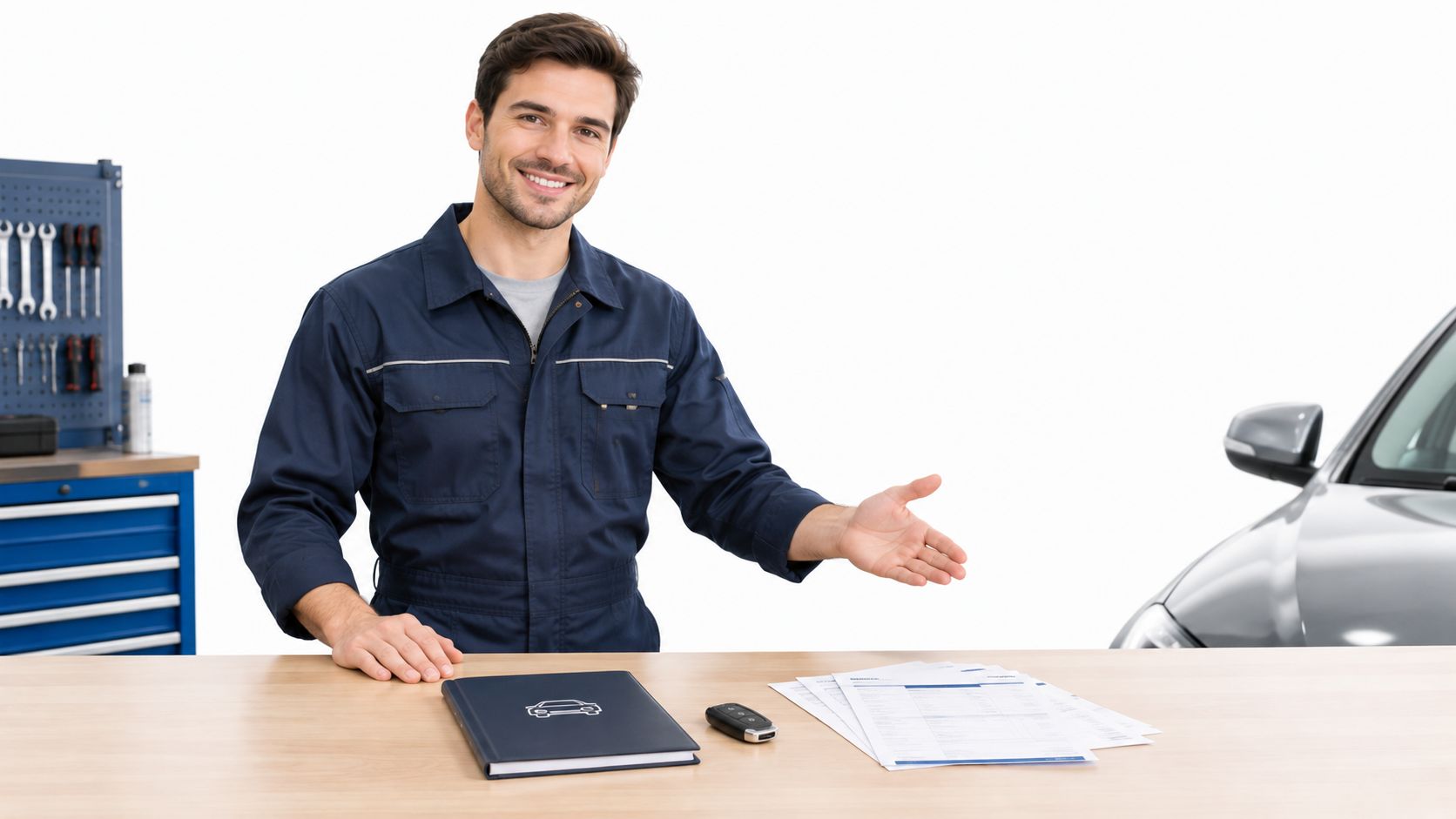 Smilende mekaniker i arbejdstøj byder velkommen bag en disk med dokumenter, bilnøgle og en bilmanual.