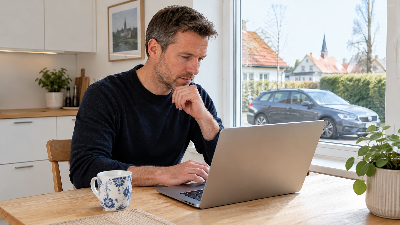En midaldrende mand sidder ved et træbord og arbejder fokuseret på sin bærbare computer i et lyst køkken.
