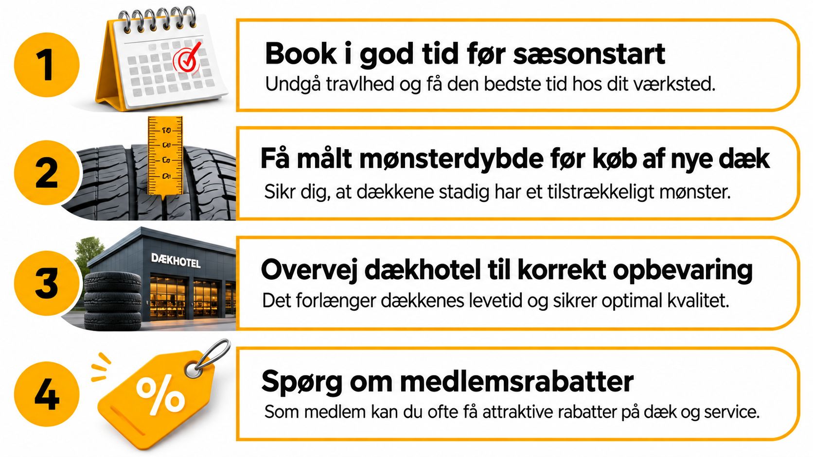 En liste med fire råd til dækskifte, herunder booking, måling af mønsterdybde, dækhotel og medlemsrabatter.